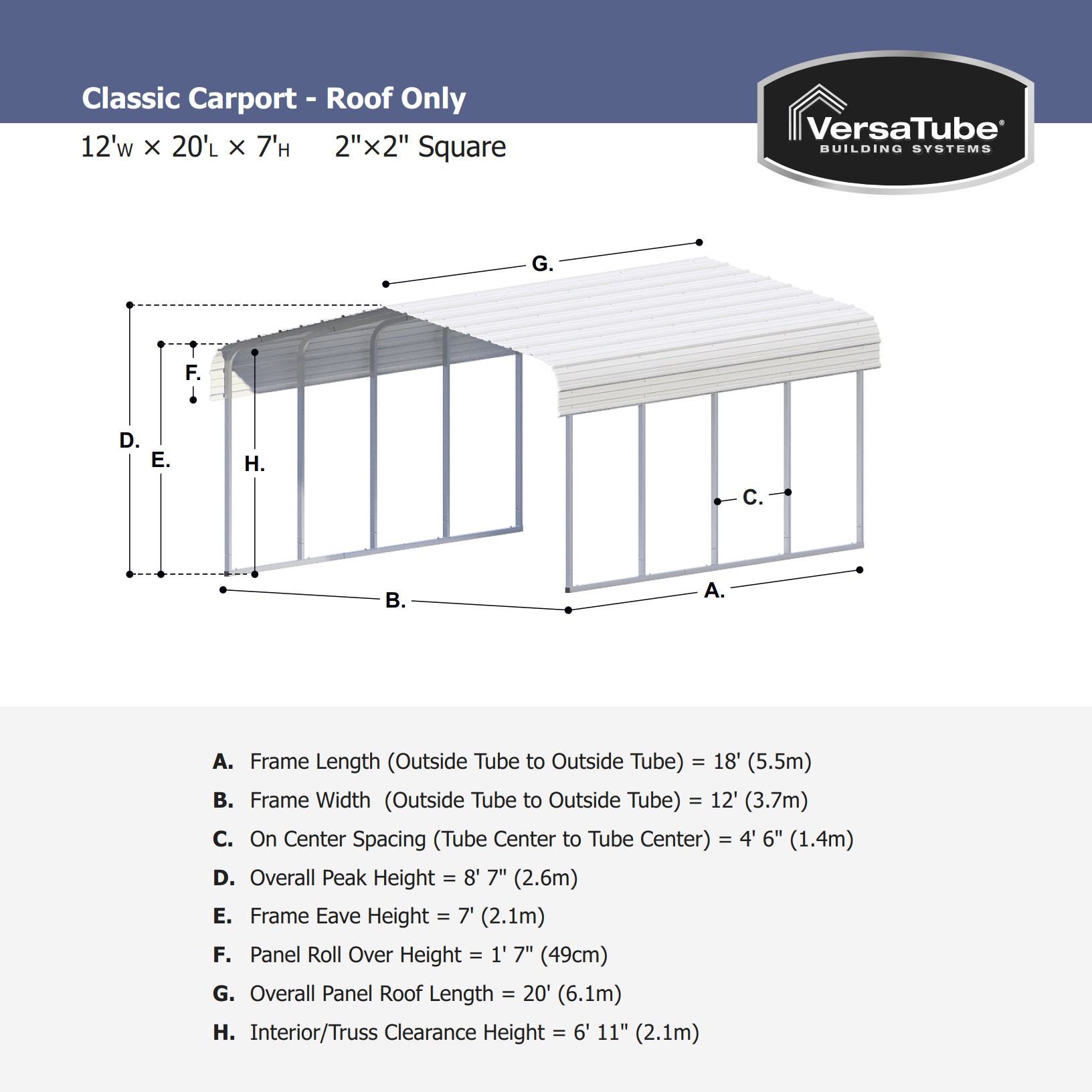 Classic Carport (2x2) - 12'W x 20'L x 7'H - Carport or Shelter
