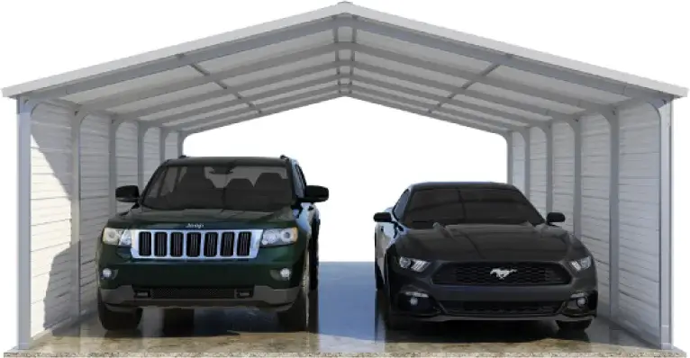 2-sided VersaTube Pinnacle Carport with white sheet metal and two vehicles shown beneath the structure.