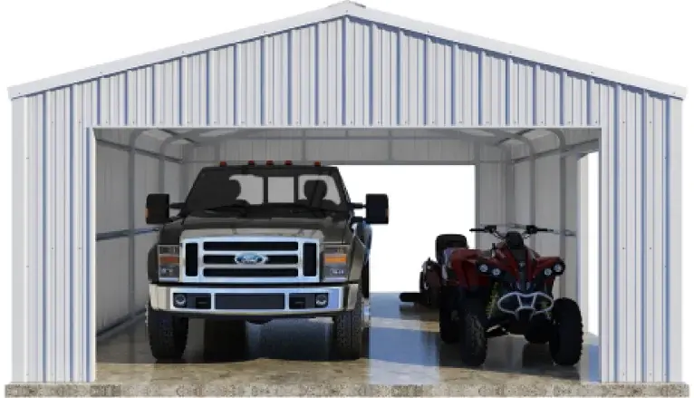 Summit Garage shown with a heavy duty truck, ATV, and lawn mower inside of it. The garage has openings on the front and back gable and is white in color.