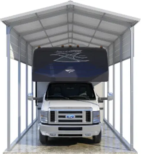 VersaTube RV Cover with extra sheet metal runs on the left and right side with a Class C RV parked inside of it.